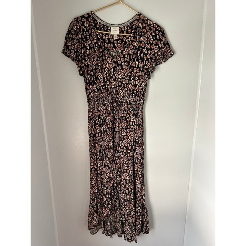 KNOX ROSE Women's Leopard Print Midi Dress V Neck Button Front Smocked Waist M